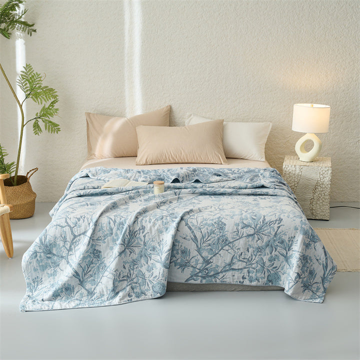 Reversible Embroidered Lightweight Cotton Bed Throw Blanket