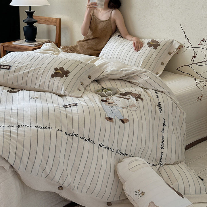 Playful Teddy Appliqué Striped Cotton-Linen Duvet Cover Set