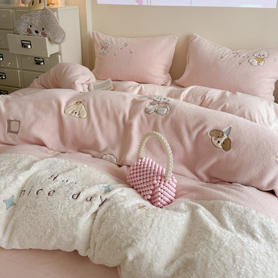 Plush Embroidered Puppy Sherpa Duvet Comforter Set