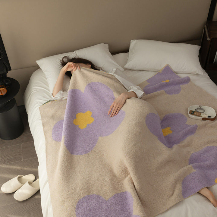 Chunky Knit Boucle Throw Blanket with Large Floral Motif and Teddy Texture Bowlift