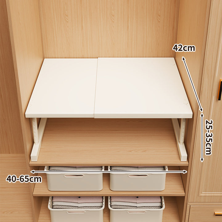 Expandable Space-Saving Closet Shelf Platform with Height-Adjustable Folding Brackets