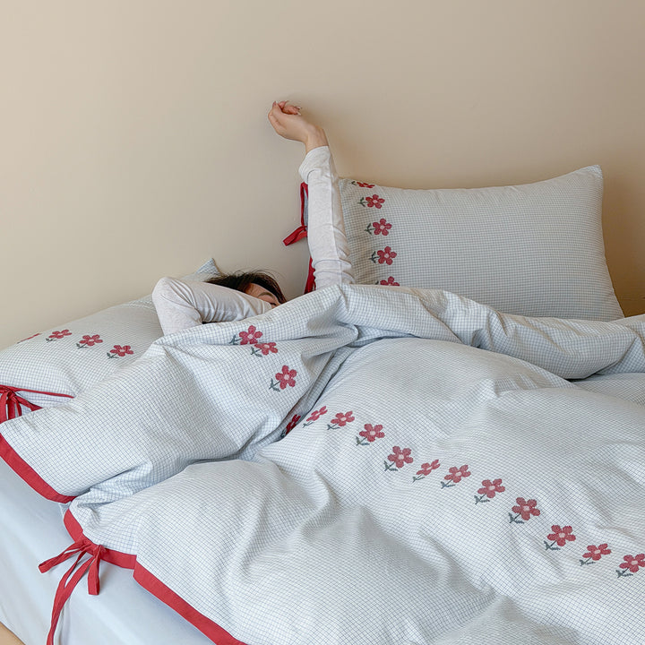 Embroidered Cotton Duvet Cover Set with Decorative Tie Bows