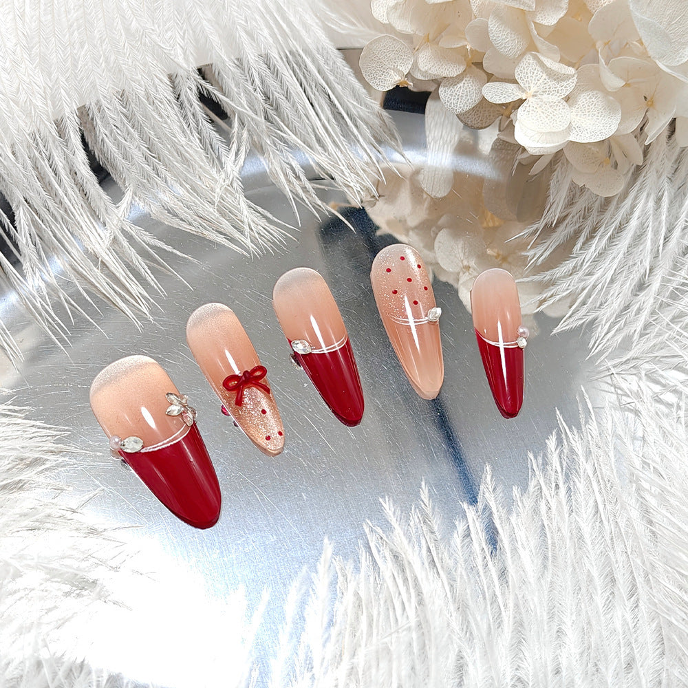 Elegant Artificial Nails with Decorative Ribbons and Rhinestone Clusters Bowlift