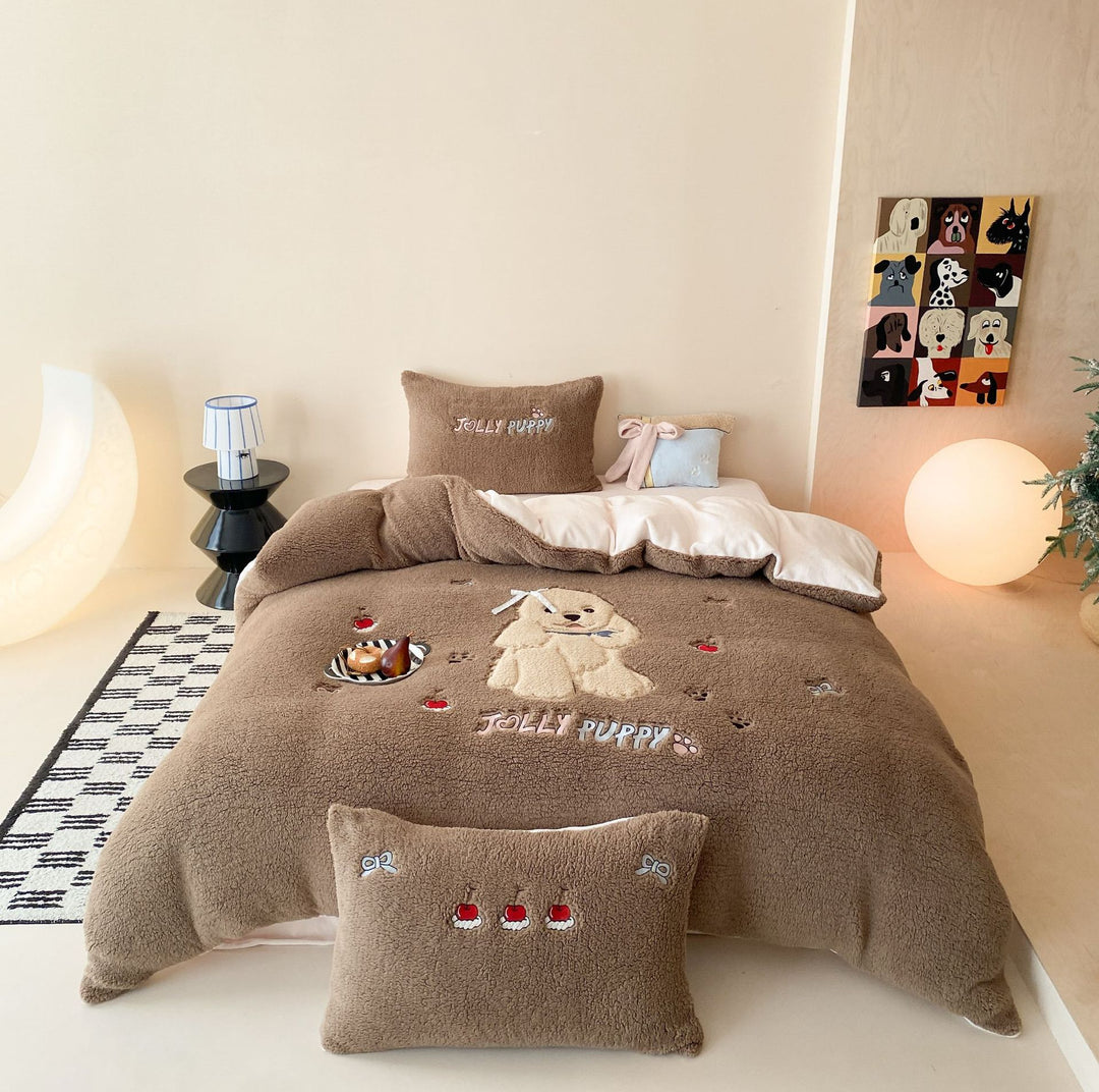Plush Teddy Embroidered Fleece Duvet Cover Set