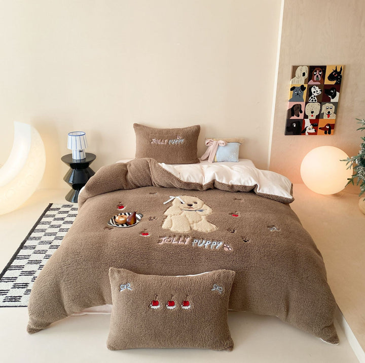 Plush Teddy Embroidered Fleece Duvet Cover Set