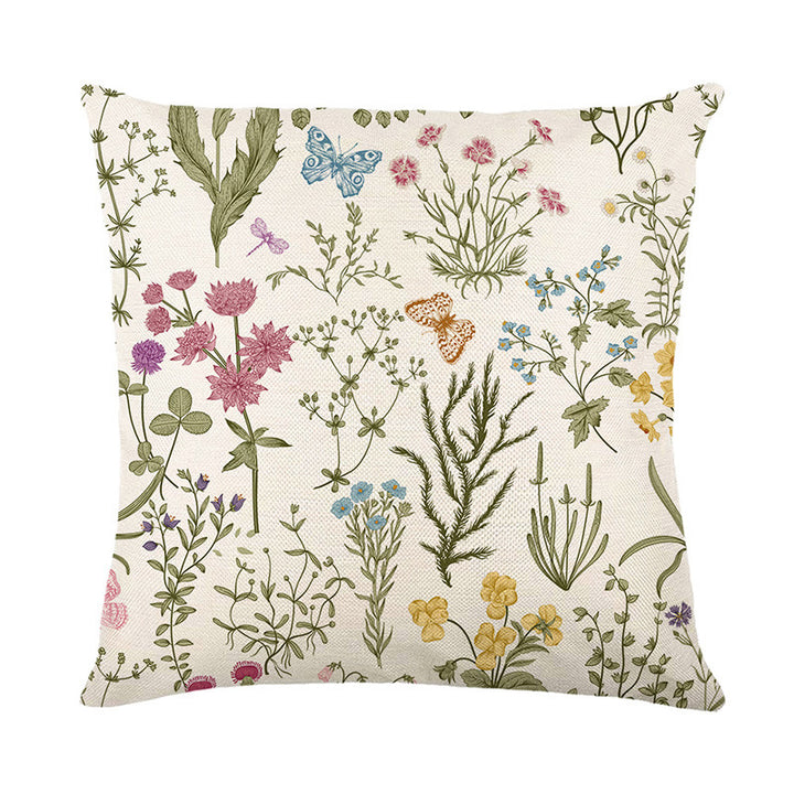 Square Cotton-Linen Botanical Meadow Throw Pillow Cover with Hidden Zipper