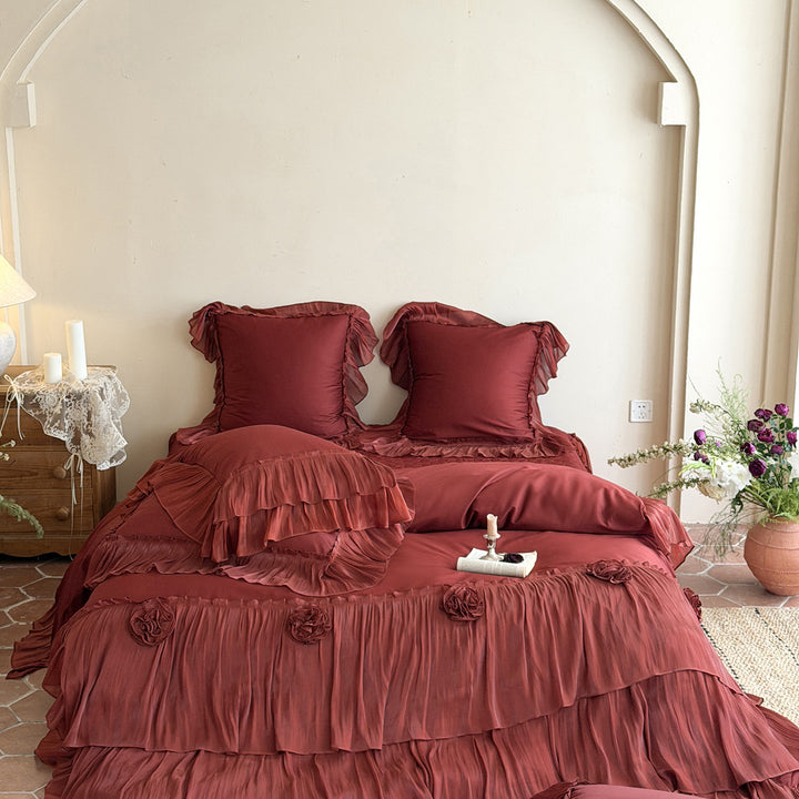 Romantic Layered Chiffon Pleated Duvet Cover & Ruffle Sham Set