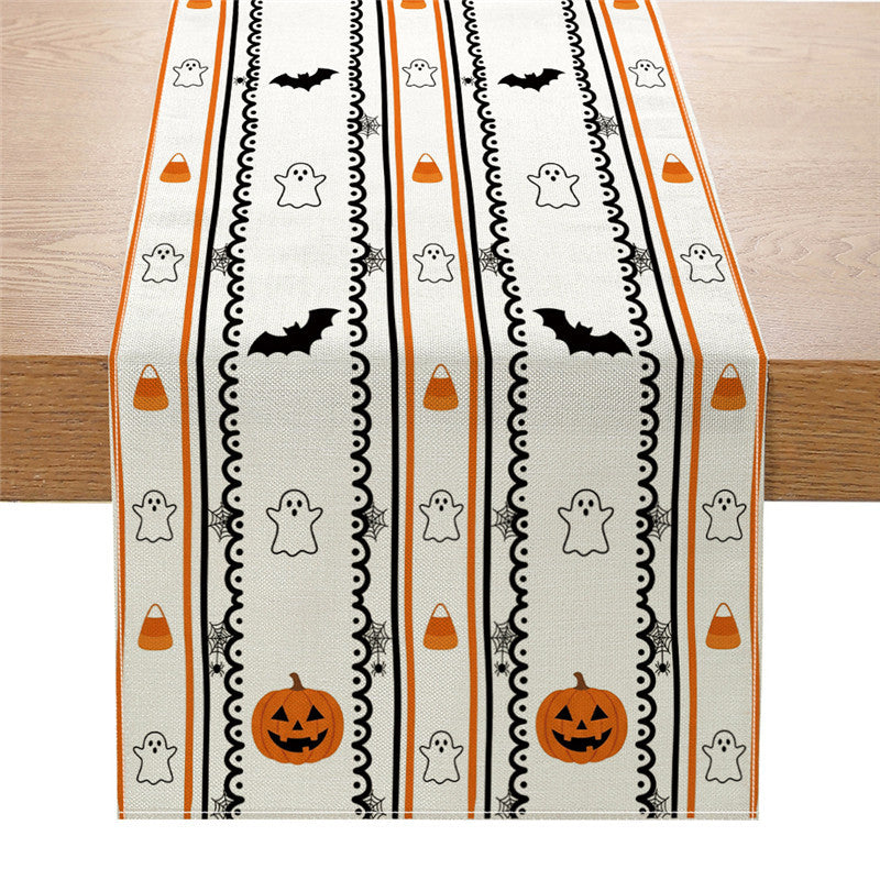 Halloween Cotton-Linen Table Runner with Gothic Cross Pumpkin Jack-O'-Lantern Print