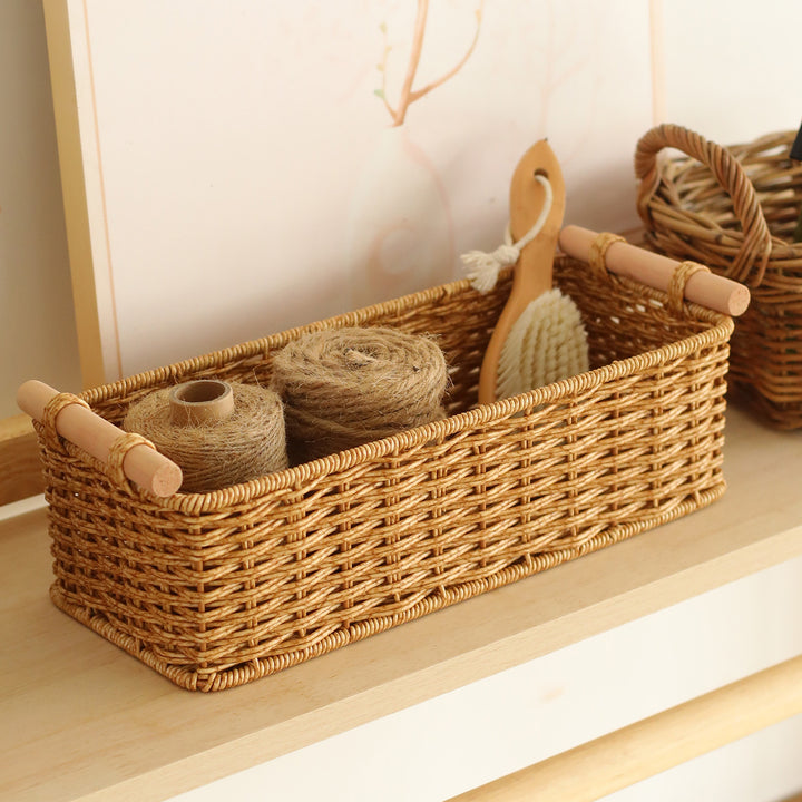 Rectangular Woven Storage Basket with Wooden Handles