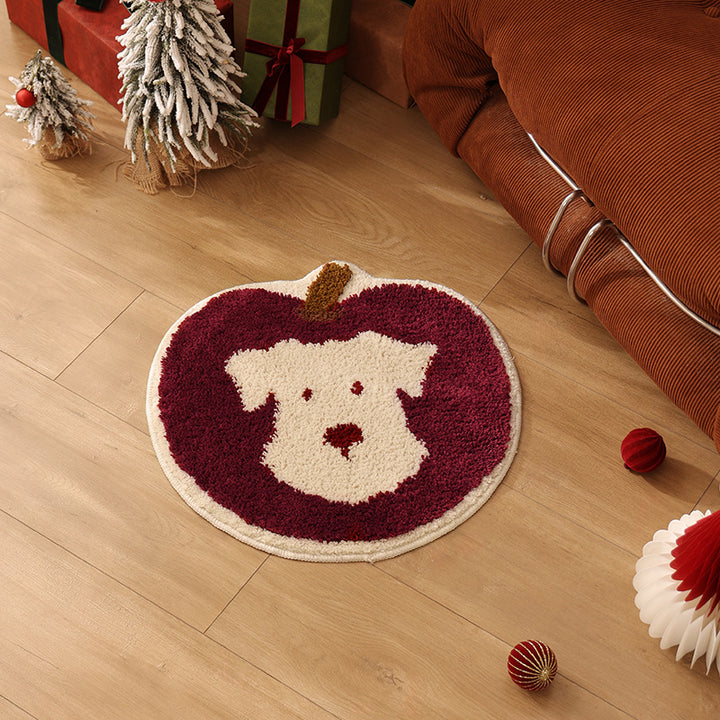 Apple-shaped tufted doormat carpet with dog motif and non-slip backing Bowlift