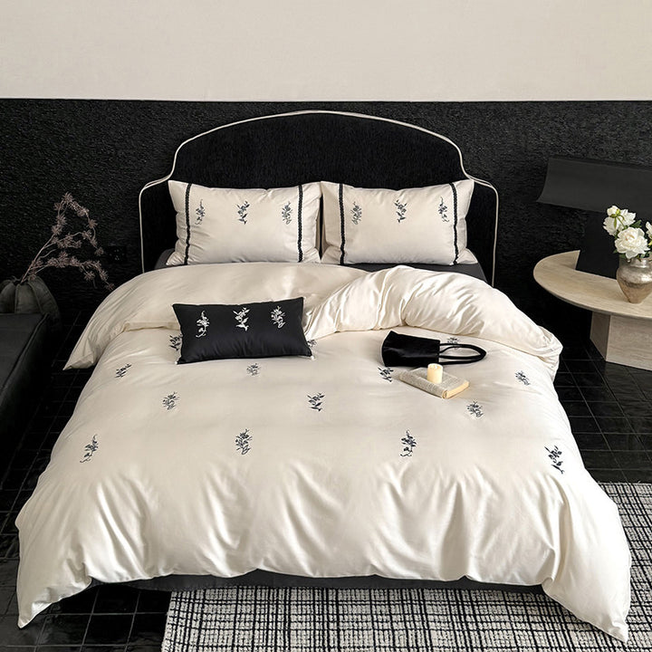 Silky Microfiber Embroidered Botanical Duvet Cover Set with Hidden Zip & Accent Shams