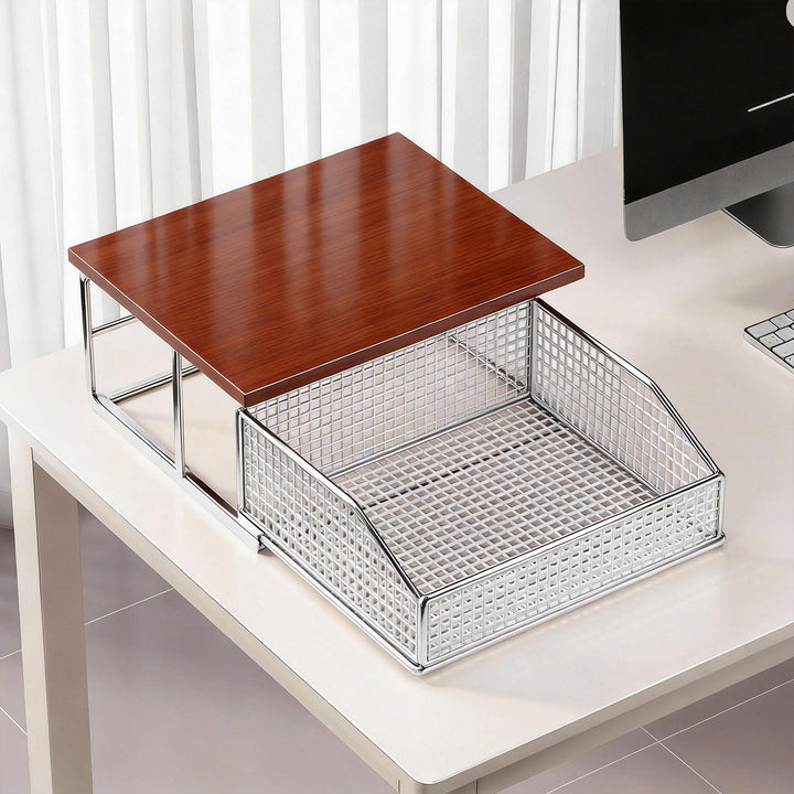 Compact Desktop Printer Stand with Wooden Top and Sliding Mesh Drawer