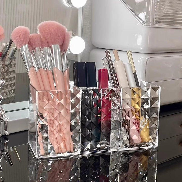 Acrylic Triple-Compartment Diamond-Cut Makeup Brush and Cosmetic Organizer Bowlift