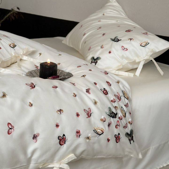 Embroidered Butterfly Cotton Sateen Duvet Cover Set