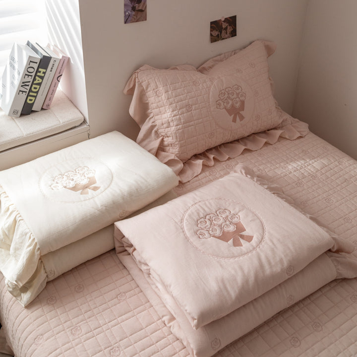 Quilted Floral Embroidered Ruffled Cotton Duvet Cover Set