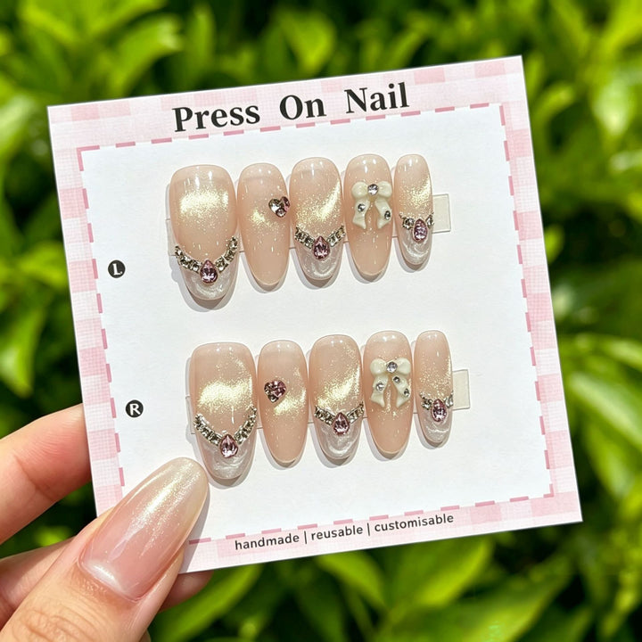 Elegantly Crafted Decorative Press-On Nail Art Set with Gem Accents
