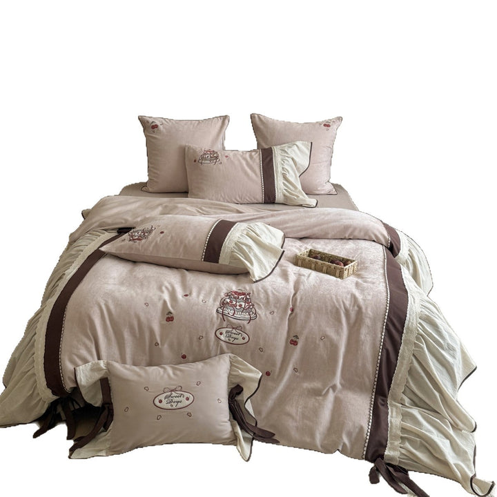 Romantic Embroidered Ruffled Cotton Duvet Cover Set with Pillowcases