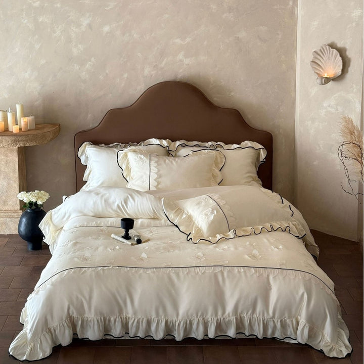 Luxurious Ruffled Bedding Set with Embroidered Butterflies