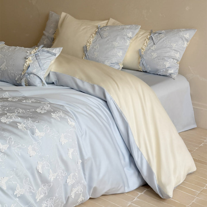 Butterfly-Embroidered Cotton Sateen Ruffled Duvet Cover Set
