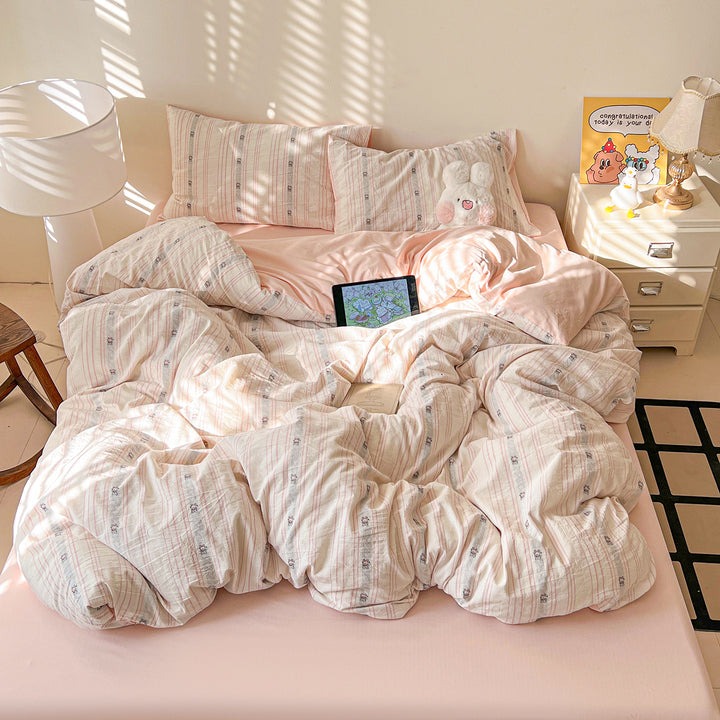 Striped Vintage Floral Cotton Percale Duvet Cover Set