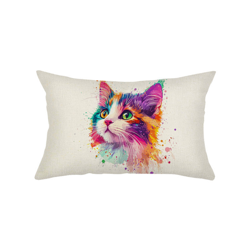 Rectangular Linen-Texture Decorative Throw Pillow Cover with Kitten and Wildflower Watercolor Print
