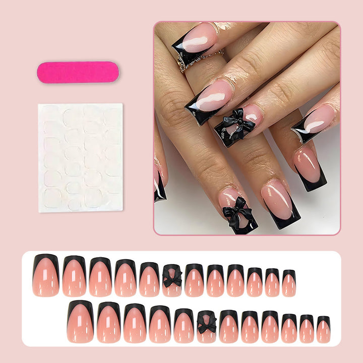 Acrylic Nail Set with Elegant Black Tips and Accessories Bowlift