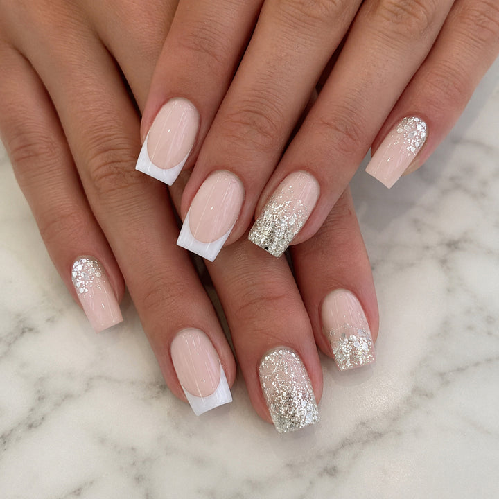 Glamorous French Tip Glitter Nail Extensions Bowlift