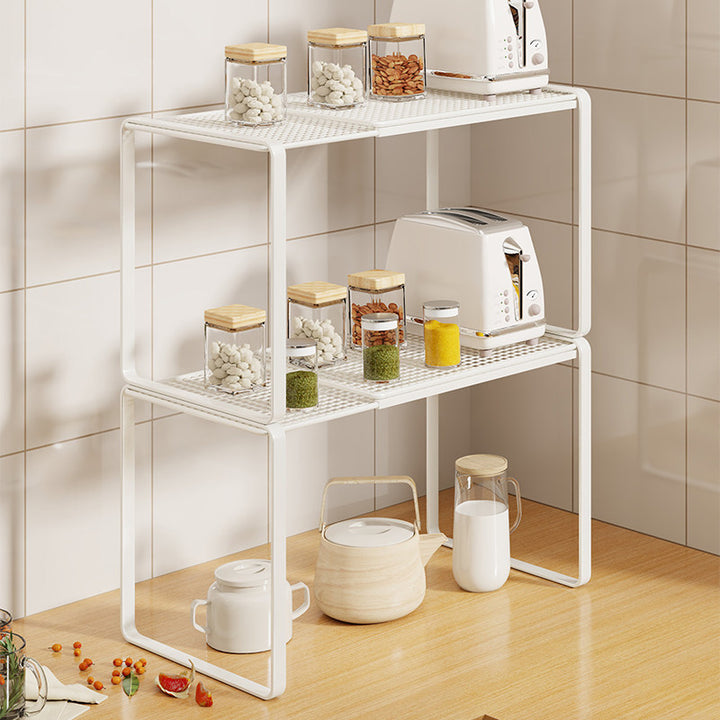Countertop Elevated Kitchen Shelf Riser Organizer with Ventilated Grid and Open Storage
