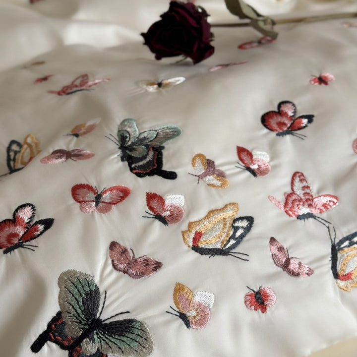 Embroidered Butterfly Cotton Sateen Duvet Cover Set