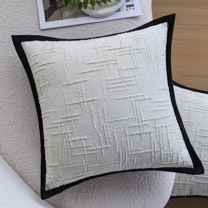 Square decorative pillowcase with abstract grid print and black piping Bowlift