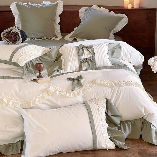 Ruffled Cotton Percale Duvet Cover Set with Pleated Trim & Bow Accents