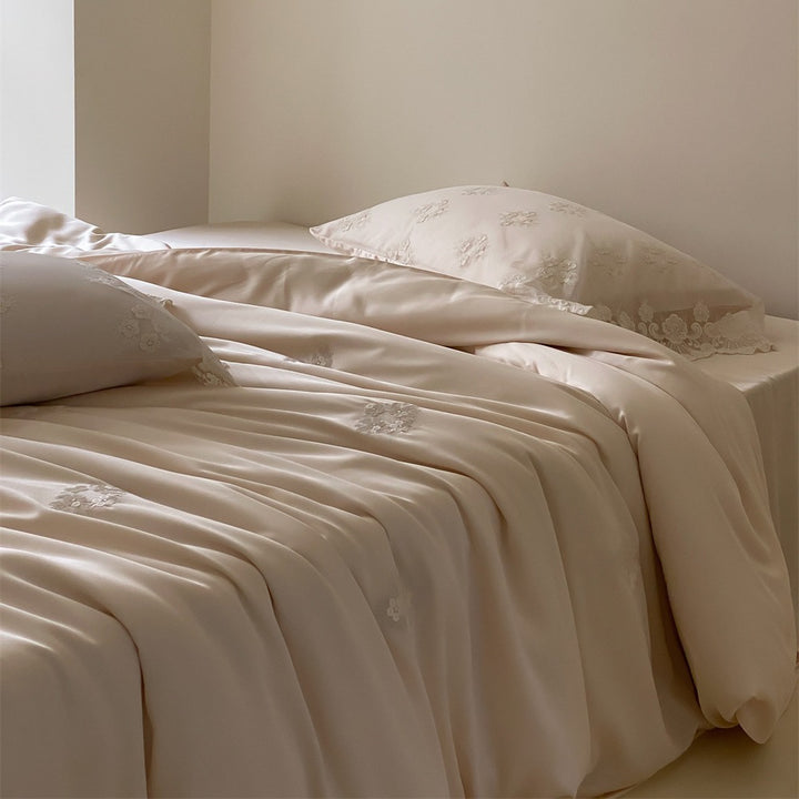 Silky smooth satin duvet cover set with fine floral embroidery