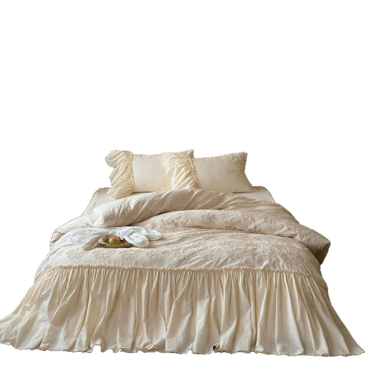 Ruffled Cotton-Linen Bedspread Set with Embroidered Coverlet & Decorative Shams