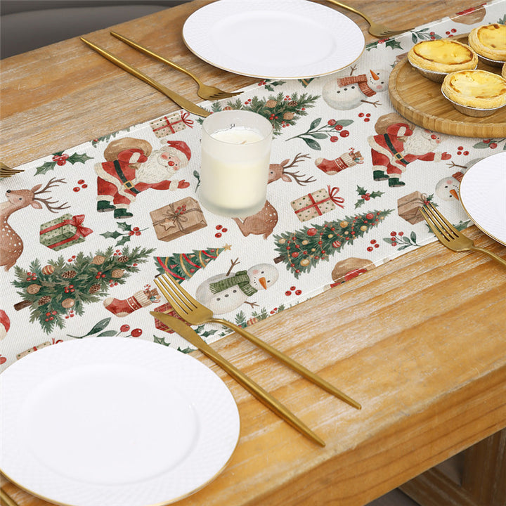 Festive Cotton-Blend Table Runner with Nutcracker and Christmas Tree Print