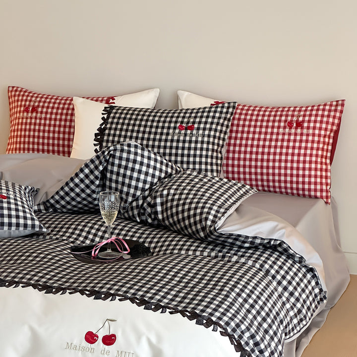 Gingham Embroidered Ruffle Duvet Cover Set