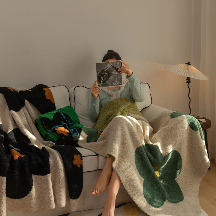 Chunky Knit Boucle Throw Blanket with Large Floral Motif and Teddy Texture Bowlift
