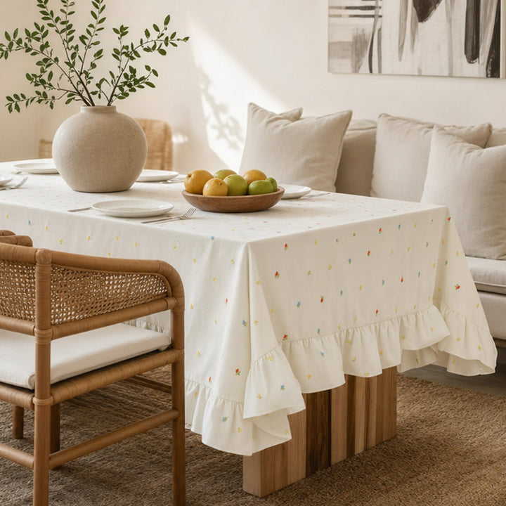 Tablecloth with embroidered mini flower pattern and ruffled edge Bowlift
