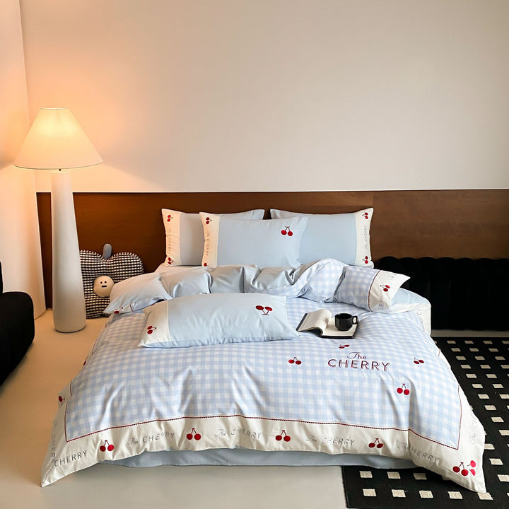 Bedding set with gingham check and cherry embroidery