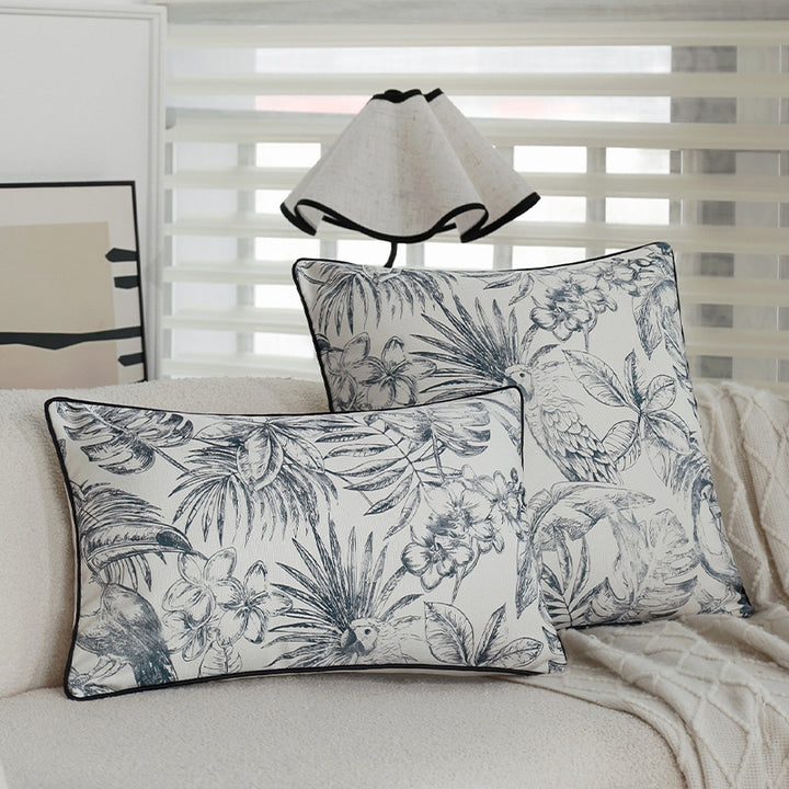 Square decorative cushion cover with botanical parrot illustration print and fine piping Bowlift