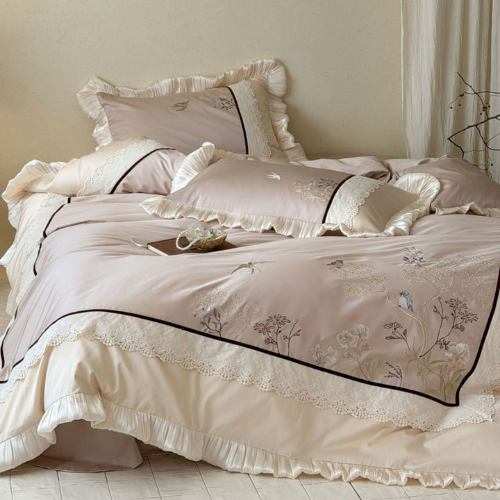 Luxury Embroidered Satin Ruffled Duvet Cover Set