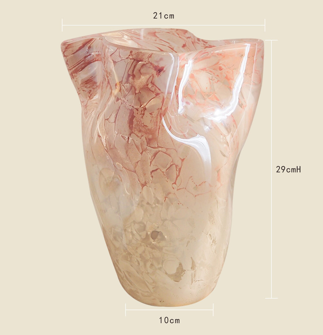 Handblown Marble-Effect Tall Sculptural Glass Vase with Organic Ruffled Rim Bowlift