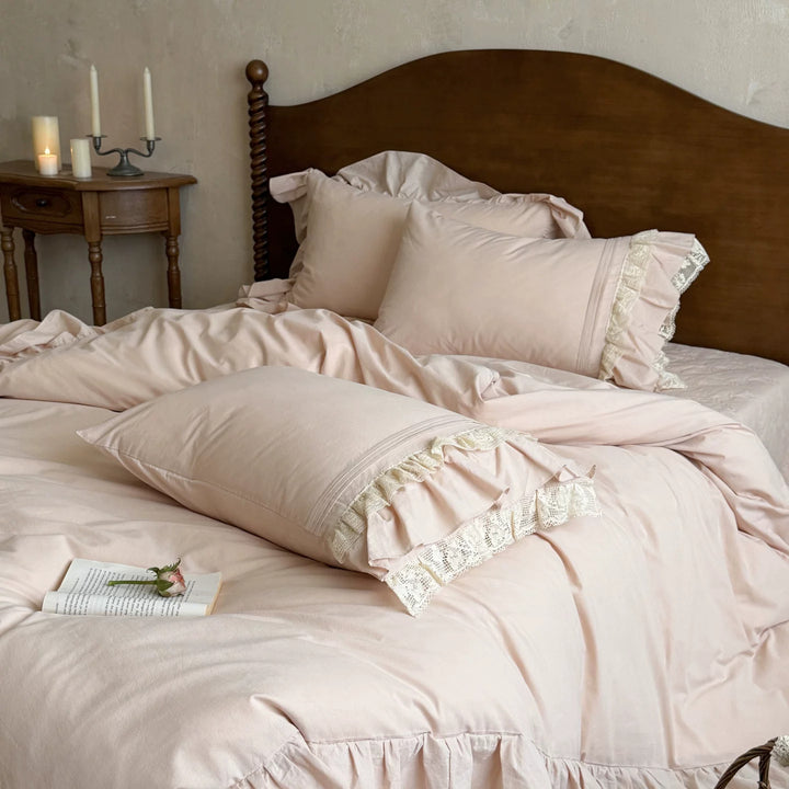 Romantic Ruffled Cotton Sateen Bedding Ensemble with Crochet-Lace Pillow Shams