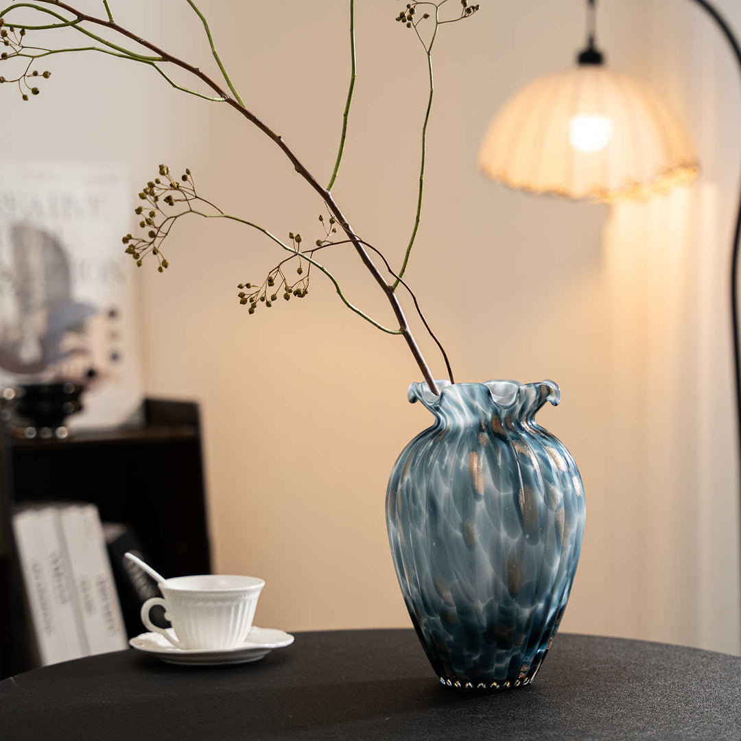 Handblown Sculptural Rippled Bulb Vase with Ruffled Neck Bowlift
