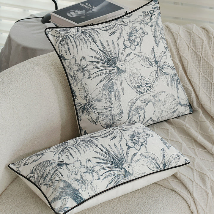 Square decorative cushion cover with botanical parrot illustration print and fine piping Bowlift