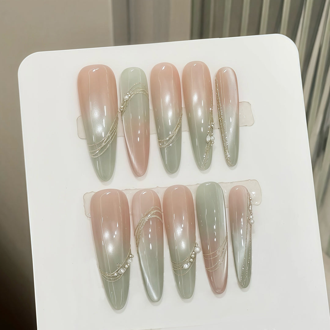 Decorative Press-On Nail Set with Elegant Gradient and Gem Accents