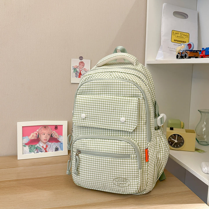 Gingham Print Multi-Pocket Backpack Bowlift