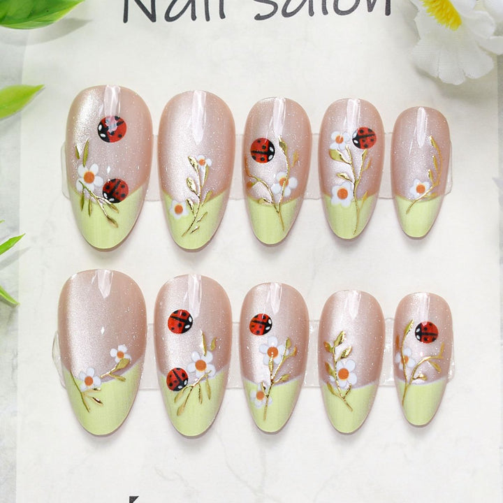 Artistic Press-On Nail Set with Cherry Blossom Design Bowlift