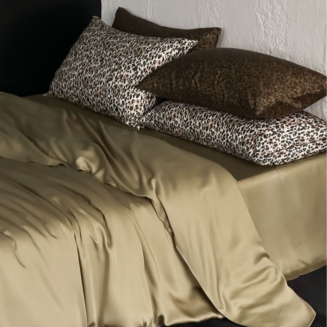 Silky Satin Bed Sheet and Leopard-Accent Pillowcase Set
