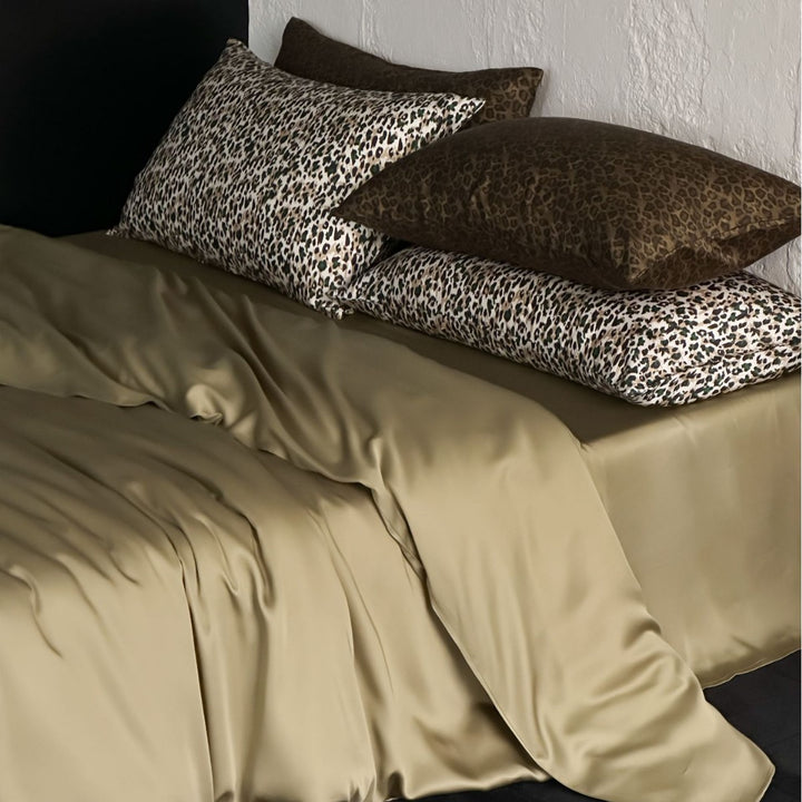 Silky Satin Bed Sheet and Leopard-Accent Pillowcase Set