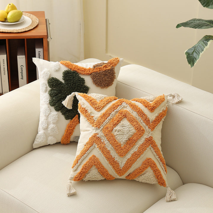 Boho-woven decorative cushion with textured chenille applications Bowlift
